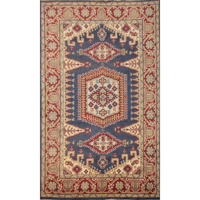 Hand Knotted Oriental 100% Wool Carpet Traditional Geometric Navy Blue & Blues Viss Area Rug - 8' 10'' X 5' 11''