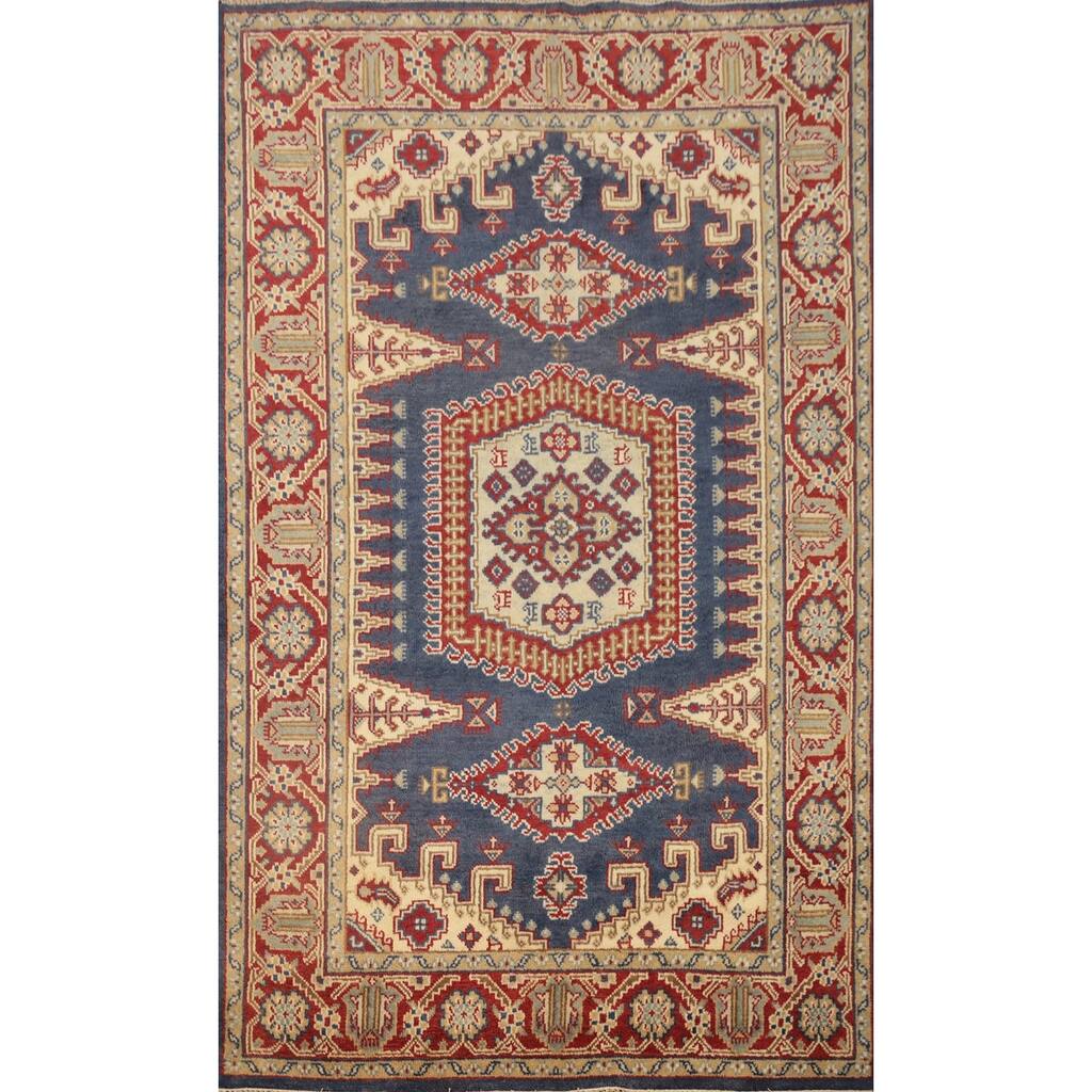 Hand Knotted Oriental 100% Wool Carpet Traditional Geometric Navy Blue & Blues Viss Area Rug - 8' 10'' X 5' 11''
