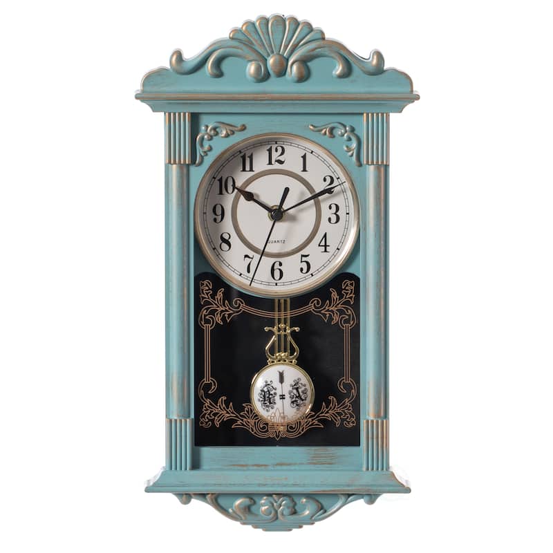 Clockswise Vintage Grandfather Wood-Looking Plastic Pendulum Decorative Battery-Operated Wall Clock Brown, for Home Decor - 16 Inch High - Blue