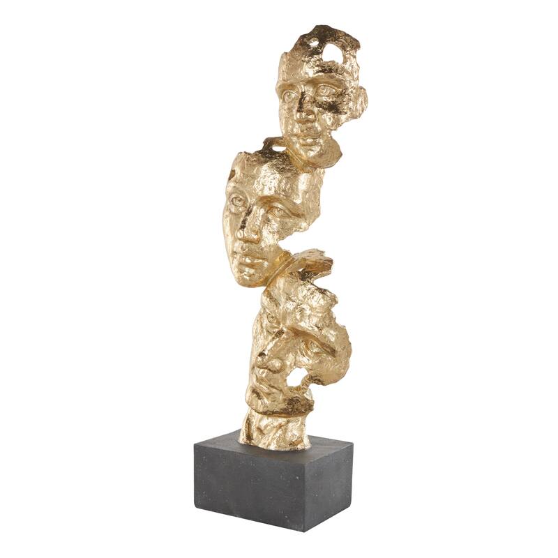 Gold Polystone Stacked Face Cutout Mask Sculpture with Black Block Base