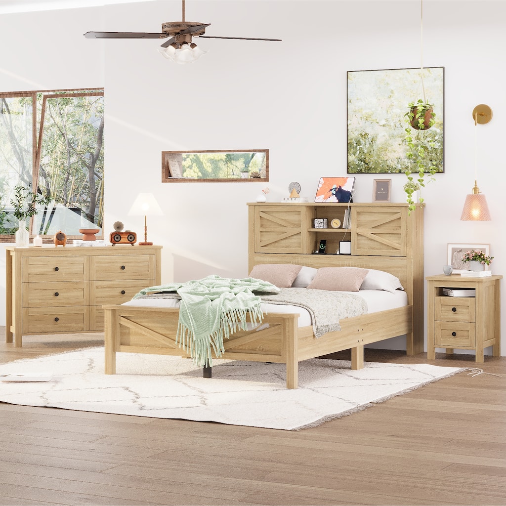 3-Pieces Full Size Bedroom Sets, Farmhouse Platform Bed with Double Sliding Door Storage Headboard and Charging Station