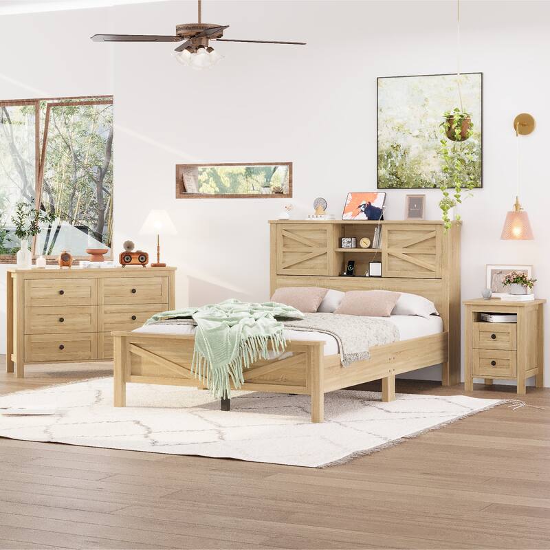 Rustic Platform Bed 3-Pieces Bedroom Sets with Storage Nightstand and Dresser, Wooden Platform Bed with Charging Station - Natural - Full