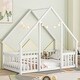preview thumbnail 27 of 50, Pine Wood House-Shaped Floor Bed Frame with Fence & Guardrails for Kids Girls Boys, No Need Spring Box White - Twin