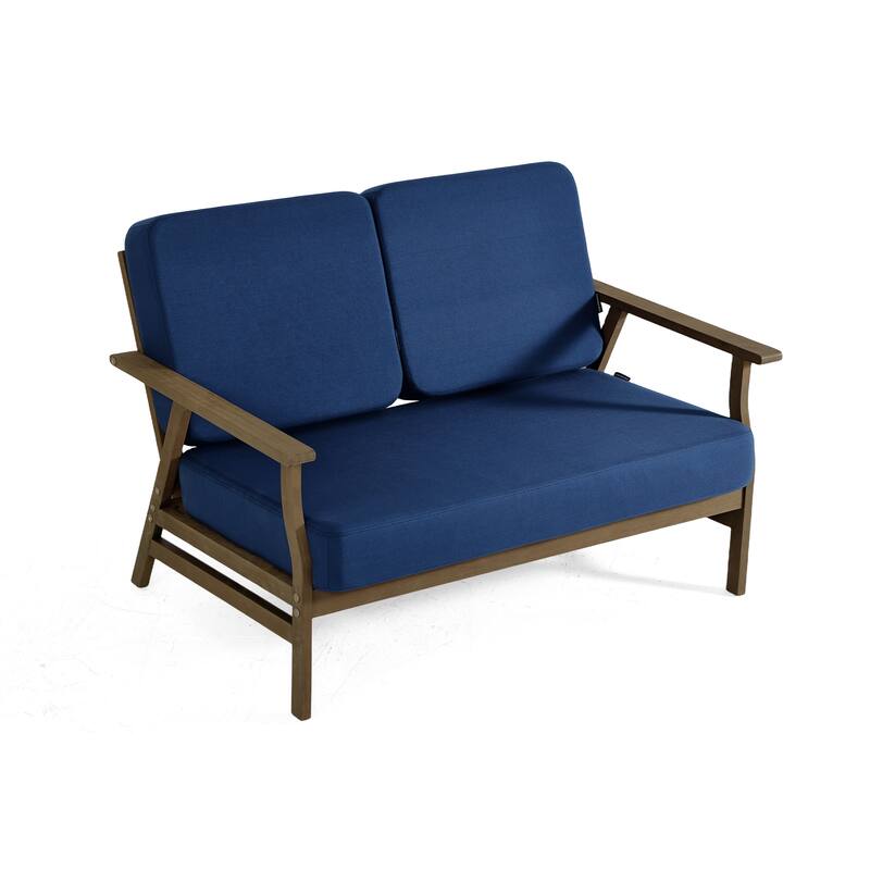 Modern Wood Cushioned Outdoor Patio Sofa Loveseat with Coffee Table