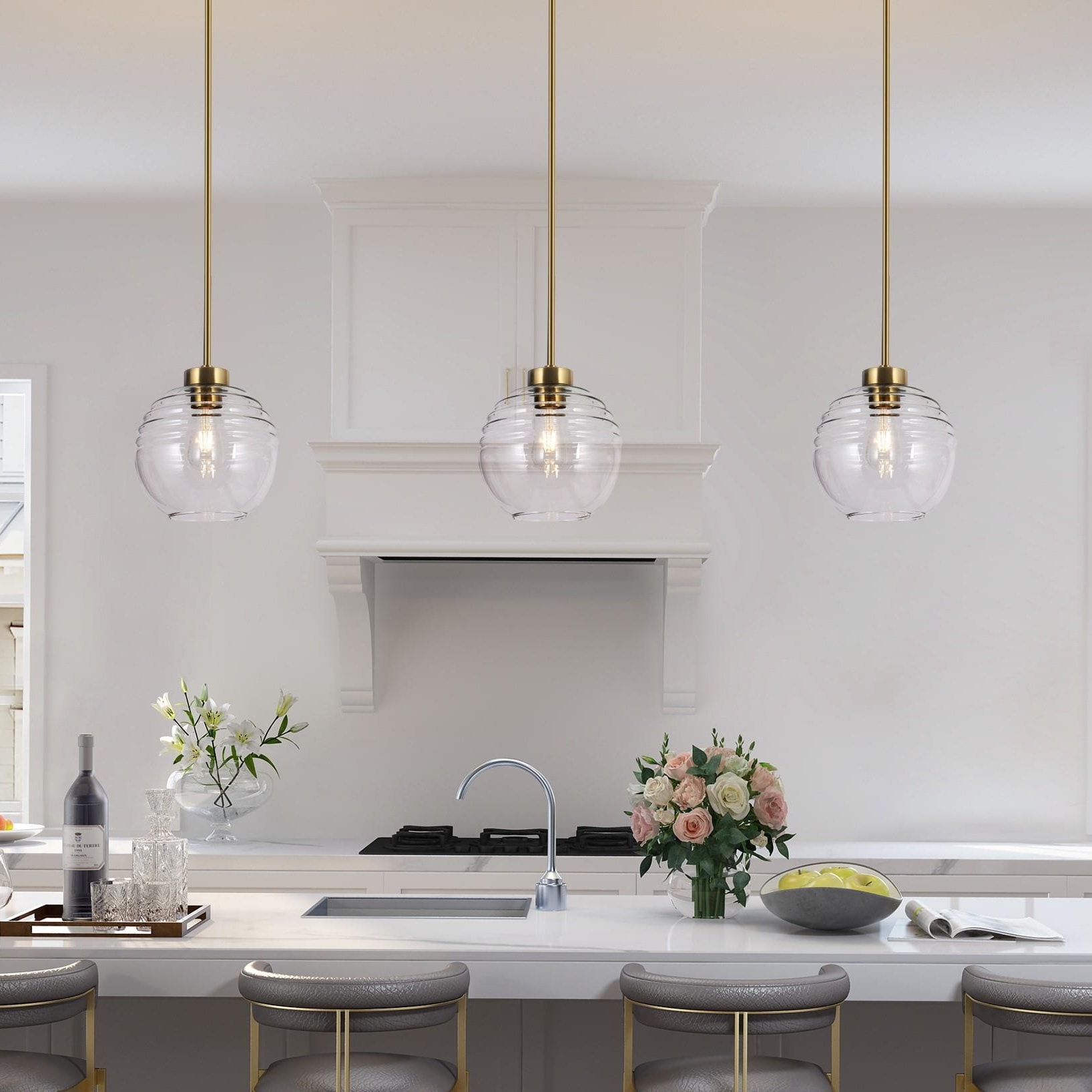 Cavitt Modern Farmhouse 1-Light Globe Handblown Fluted Glass Kitchen Bar Pendant - D 10.6'' x H 74.4''