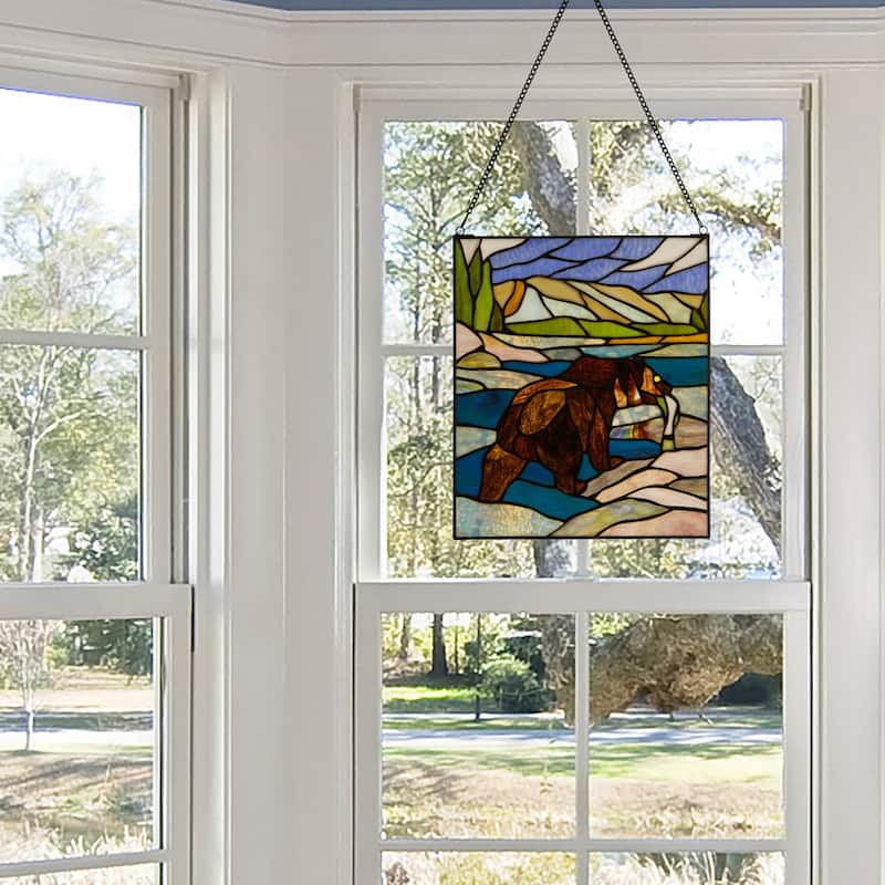 River of Goods Fishing Bear Scene River of Goods Stained Glass Window Panel - 12" x 0.25" x 14"
