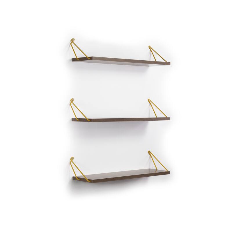 Floating Wall Mounted Decorative Hanging Metal Bracket Triple Shelf - Walnut/Yellow