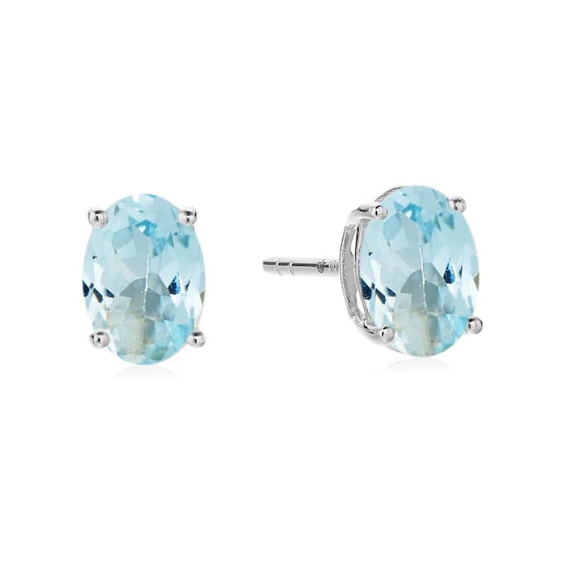 Sterling Silver 8x6 Oval Genuine Gemstone Birthstone Stud Earrings - Blue - Topaz