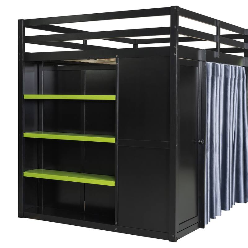 All-in-One Loft Bed Full Size Bedframe with Wardrobe, Shelves, Blackout Curtains, Pegboard, Charging Station and RGB Light Strip