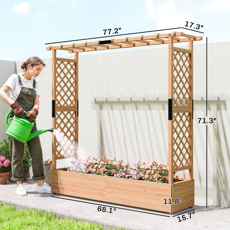 Outsunny Raised Garden Bed with Trellis, Wooden Planter Box with Hanging Roof and Drainage Holes, 77.2" x 17.3" x 71.3", Natural