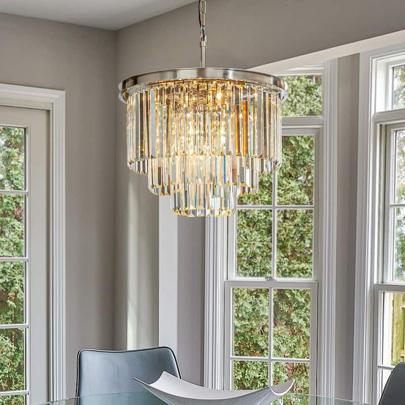 6-Lights Modern 3-Tier Round Fringe Crystal Chandelier - W 20"