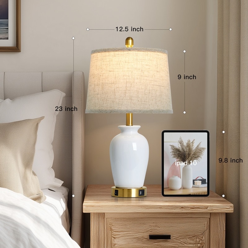 23.5" Elegant Ceramic Table Lamp with USB-C Charging, Gold Accents(Set of 2) - 12.5'' x 12.5'' x 23''