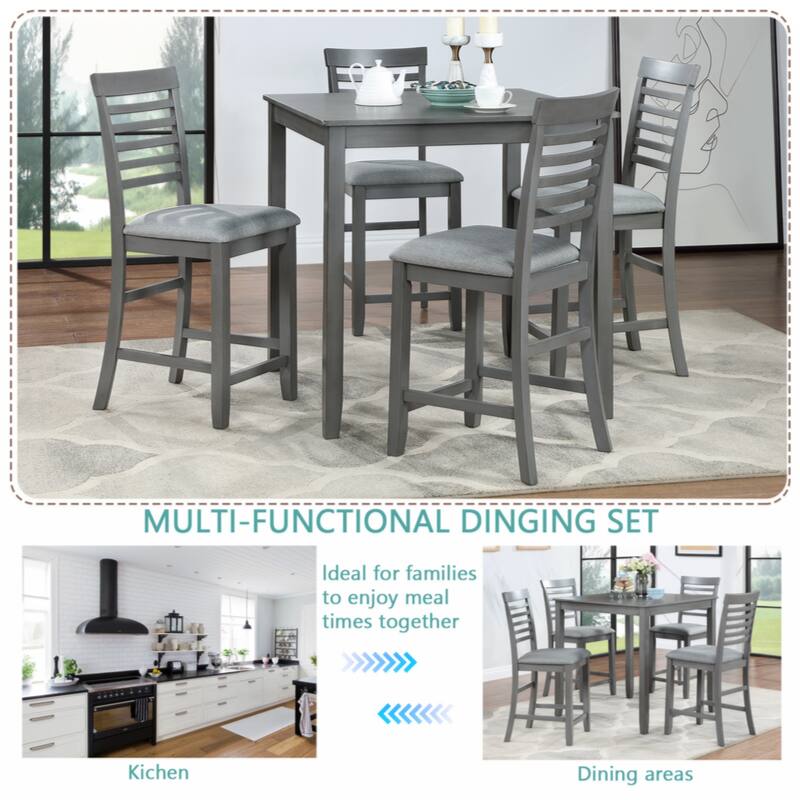 Wooden Dining Square Table, Kitchen Table for Small Space, 4 Person Counter Height Table,Gray