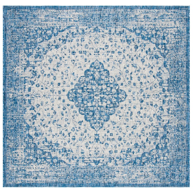 SAFAVIEH Courtyard Boud Indoor/ Outdoor Waterproof Patio Backyard Rug - 6'7" Square - Blue/Grey
