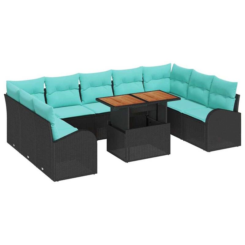 vidaXL 10 Piece Garden Sofa Set with Cushions Black Poly Rattan - 113.8×70.5×27.2
