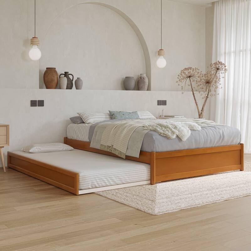 Barcelona Panel Platform Bed with Twin Trundle - Light Toffee - Full