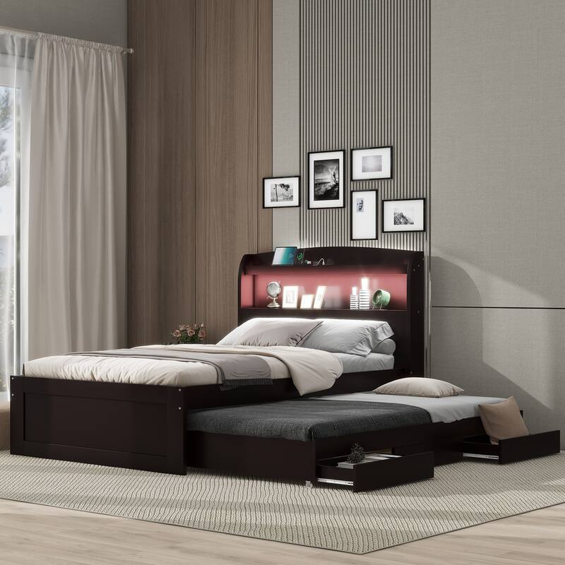 Twin XL Bed with LED Headboard, Charging Station, Trundle
