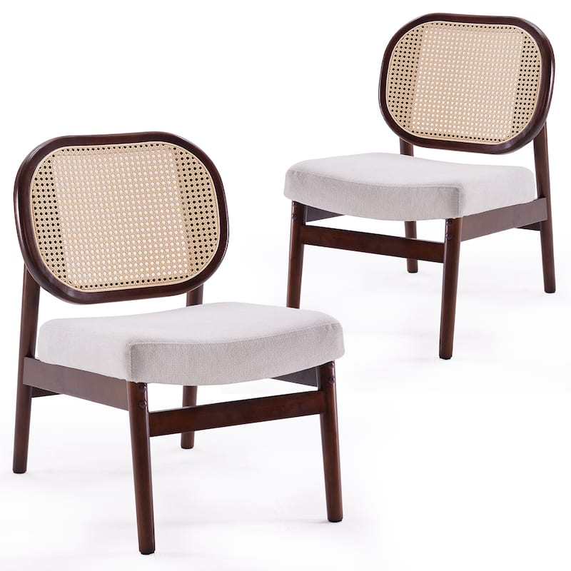 Rattan Accent Chair, Upholstered Living Room Chair with Rattan Back & Wood Frame, Mid-Century Modern Reading Chair