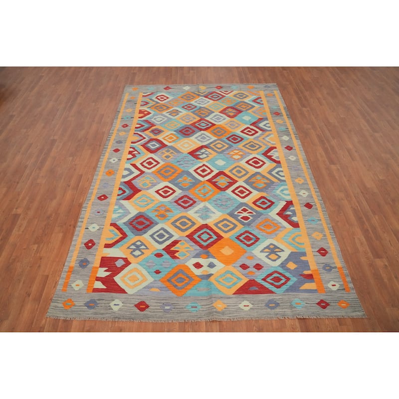 Hand Woven Oriental 100% Wool Carpet Southwestern Tribal Multi-Colored Kilim Area Rug - 9' 8'' X 6' 7''