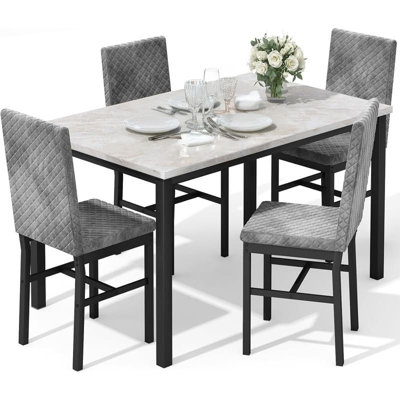 Grondin 5-Piece Dining Room Table Set with Faux Marble Table Top and Diamond Stitching Velvet Upholstery Dining Chairs
