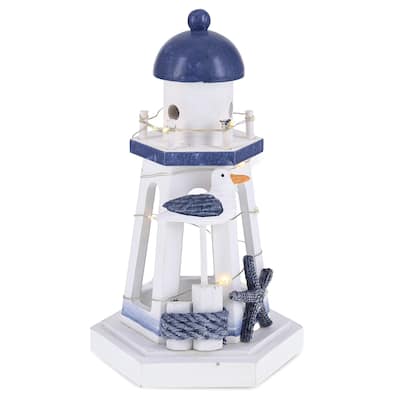 CoTa Global Ocean Blue Nautical Wooden Lantern Lighthouse w/ LED Light - 8.8″Lx5.5″Wx4.8″H