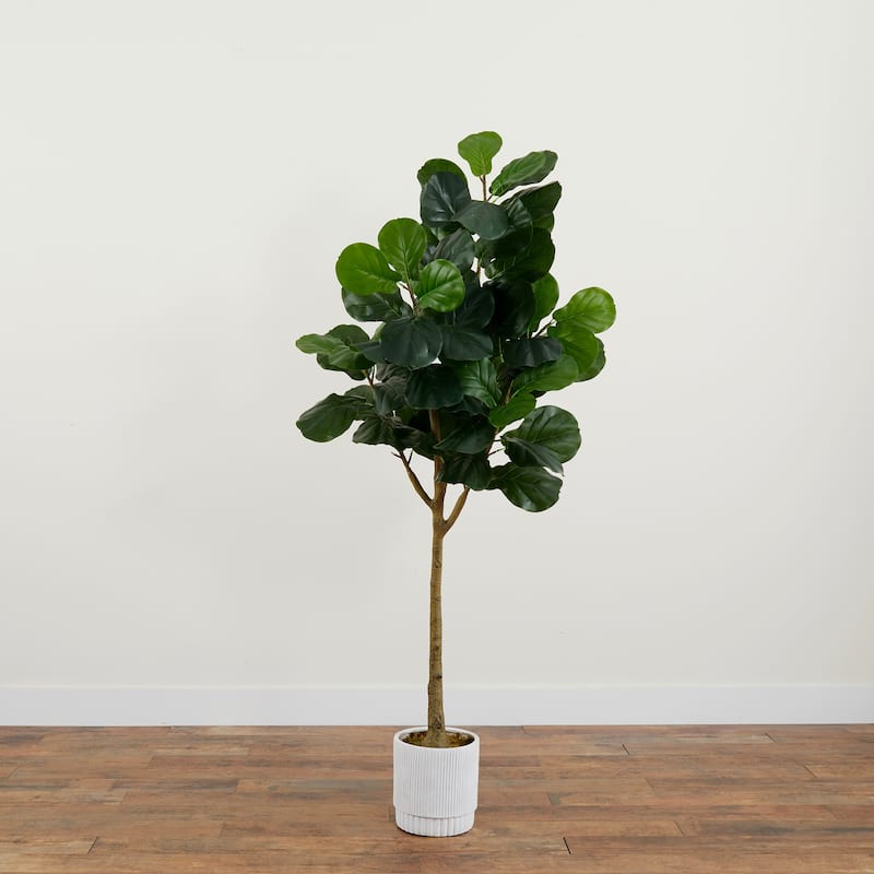 6' Artificial Fiddle Leaf Fig Tree with White Decorative Planter - 6' - Green