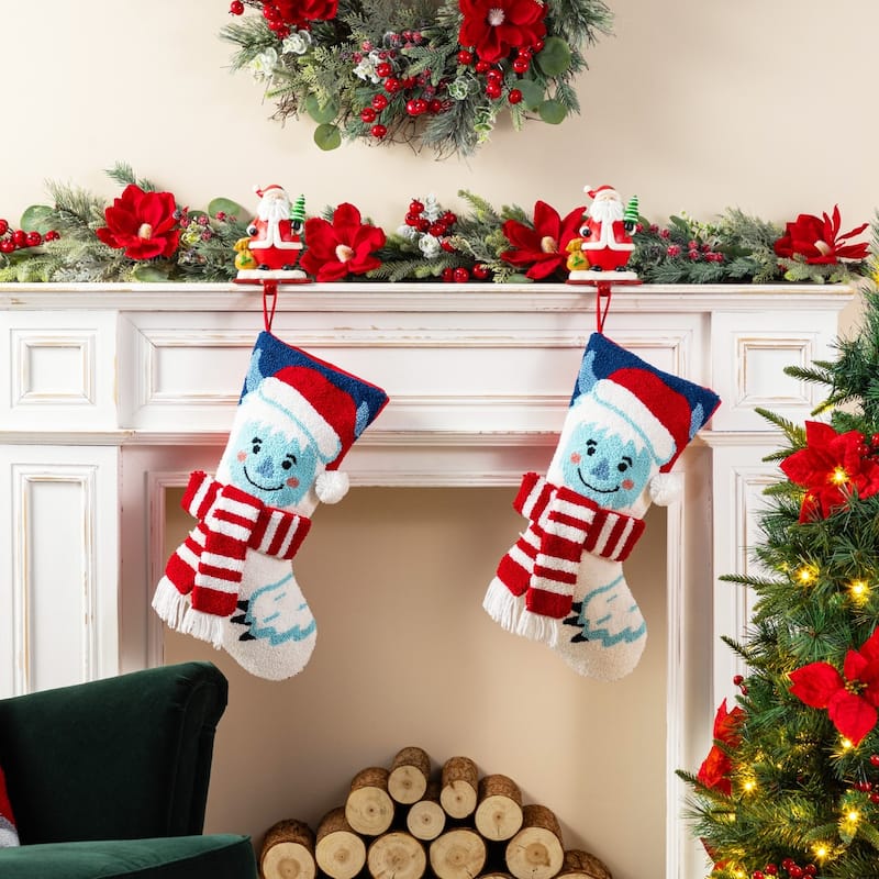 Glitzhome 21"L Hooked Yeti Gingerbread House Stocking with Gingerbread Man Ornament