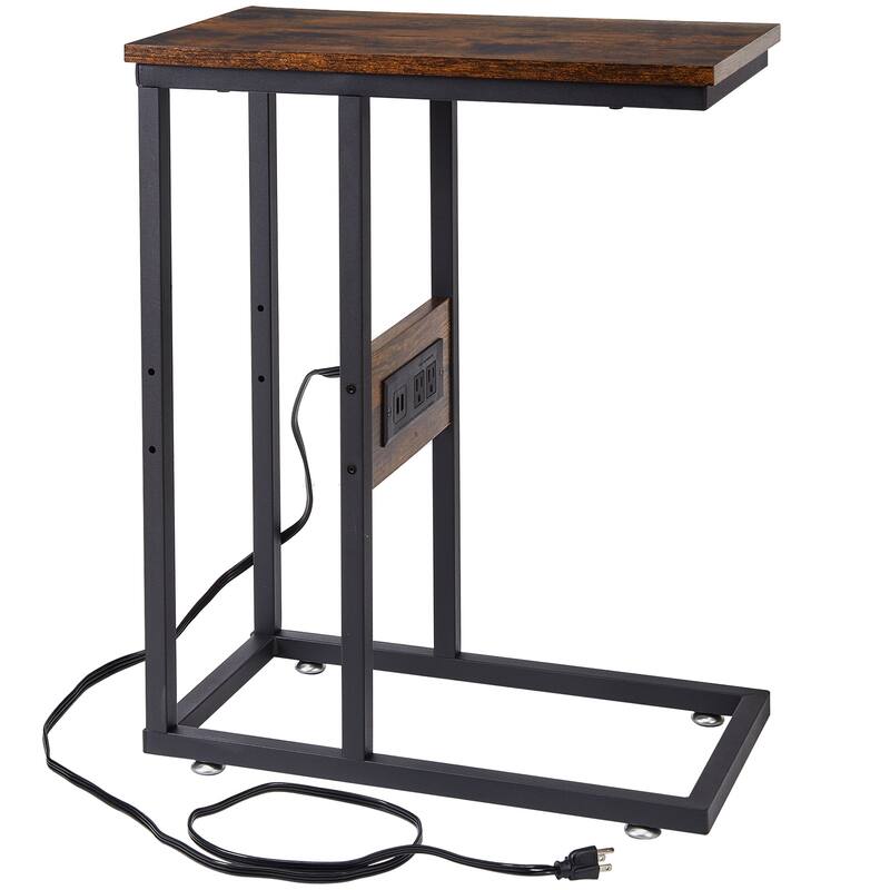 VECELO C Shaped End Table with Charging Station Sofa Table with USB Ports and Outlets C Couch Rustic Snack Bed Table - 11x19x24