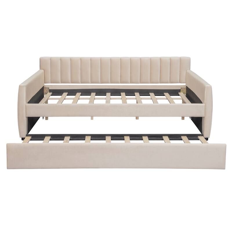 Full Size Upholstered daybed with Trundle and Wood Slat Support