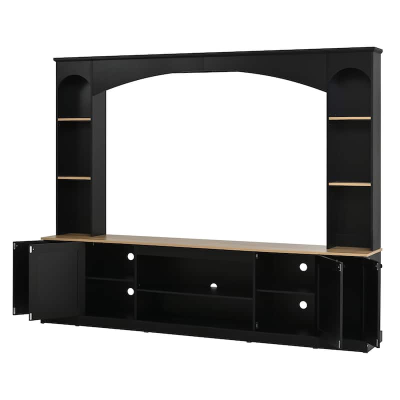 91" Farmhouse Arched Entertainment Center for TVs Up to 70" - Wood Grain TV Stand with Bookshelf & Adjustable Shelves