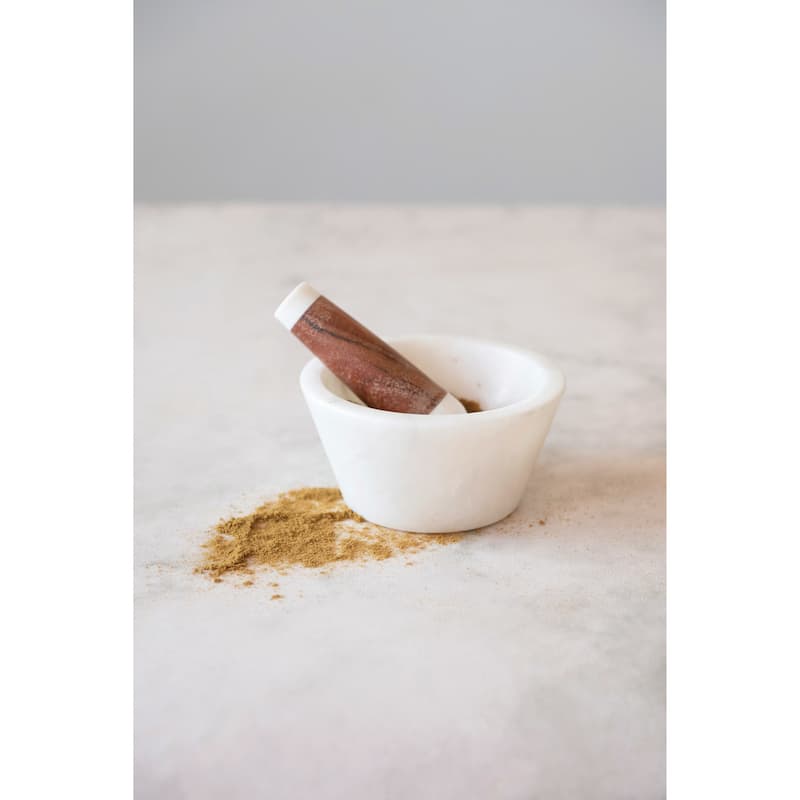 Marble and Acacia Wood Mortar and Pestle - 6.0"L x 6.0"W x 4.5"H