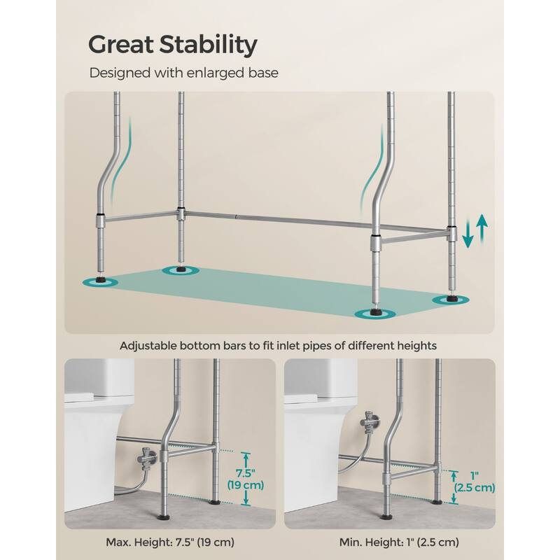 4-Tier Freestanding Metal Over-the-Toilet Storage Rack with 4 Adjustable Shelves and 4 Convenient Hoooks