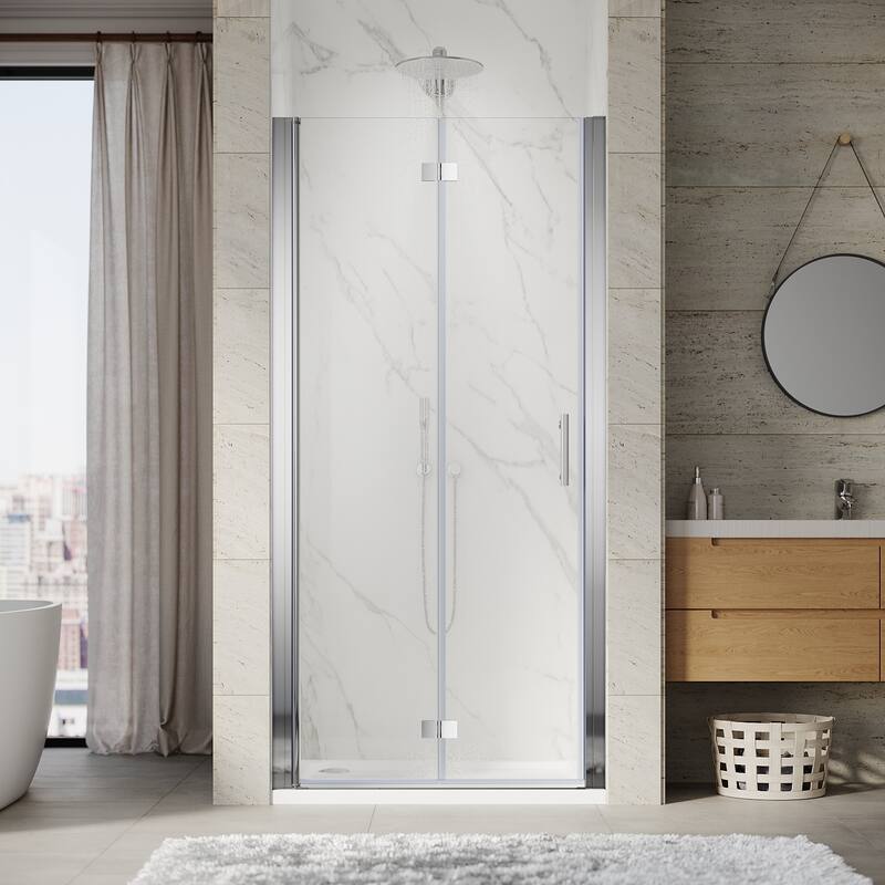 Elegant Bi-Fold Frameless Pivot Swing Shower Door Enclosure with Clear Glass Panel and Hardware Kit - 33.5-35" - Silver