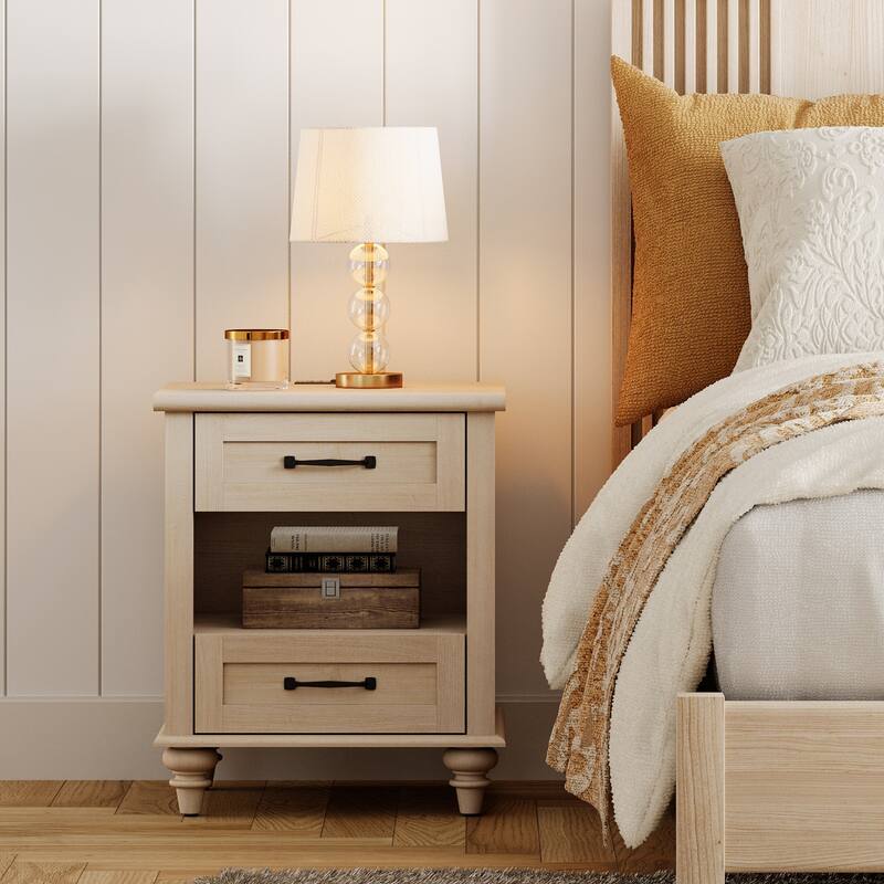 Farmhouse Nightstand Bedside Table, Wood 2-Drawer Side Table