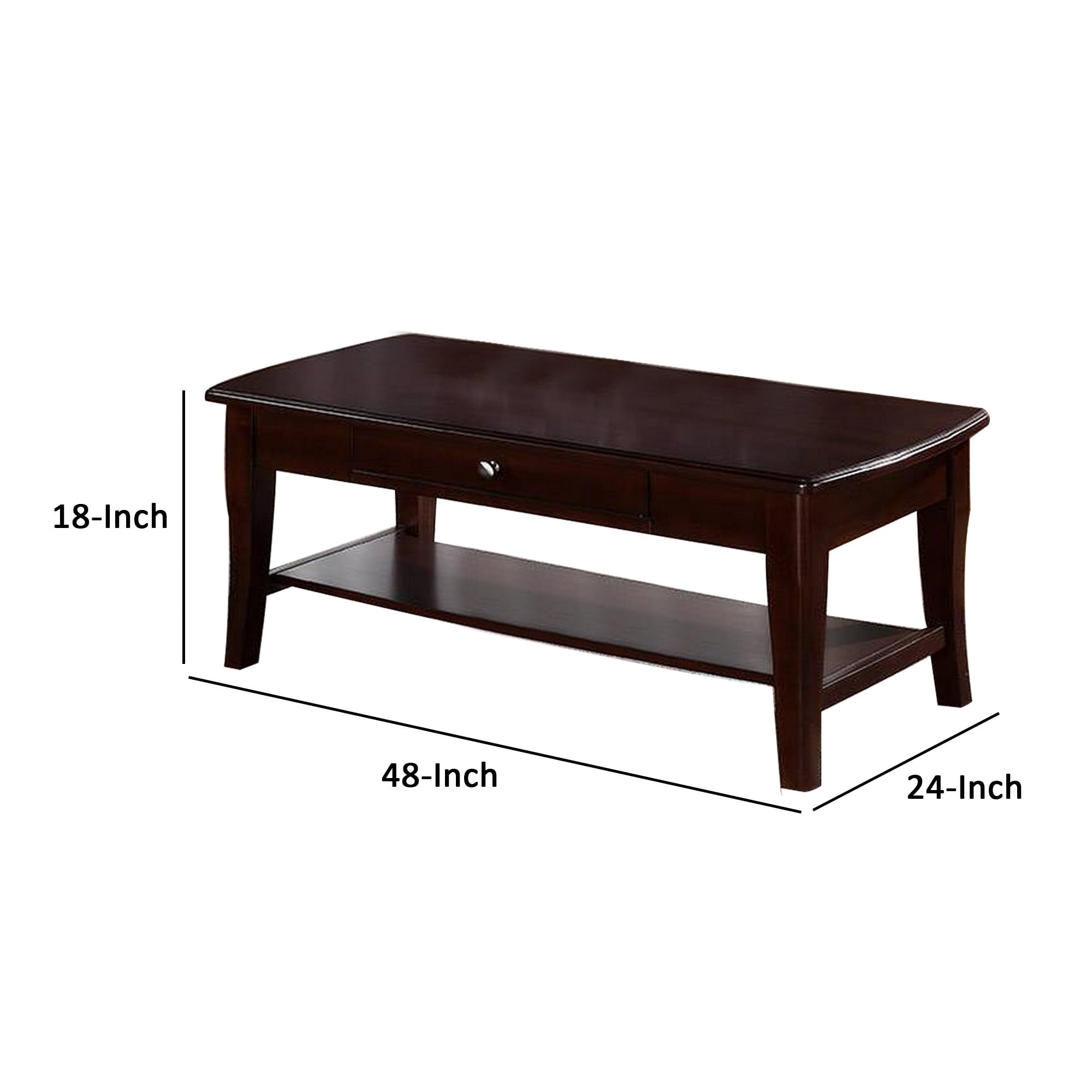 Jett 48 Inch Wood Coffee Table with 1 Drawer, Bottom Shelf, Cherry