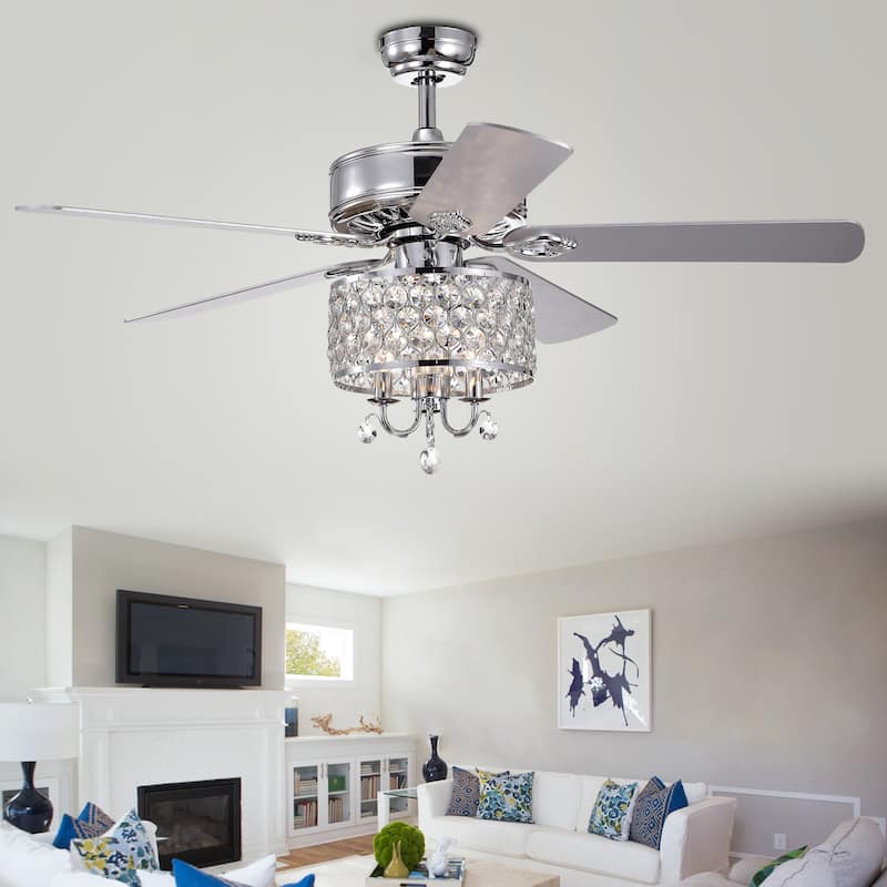 Fengren Chrome 3-light 52-inch Chrome Lighted Ceiling Fan with Crystal Shade (incl. Remote & 2 Color Option Blades)