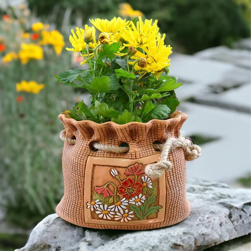 Golden Ceramics Handmade Flower Pot Planter - Pouch - 7.9X9.1X7.5