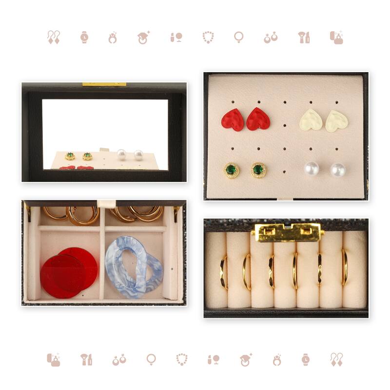 3 Layer Jewelry Box with Mirror for Girls, PU Leather Sequins Jewelry Organizer Case Storage Display Holder with Drawer