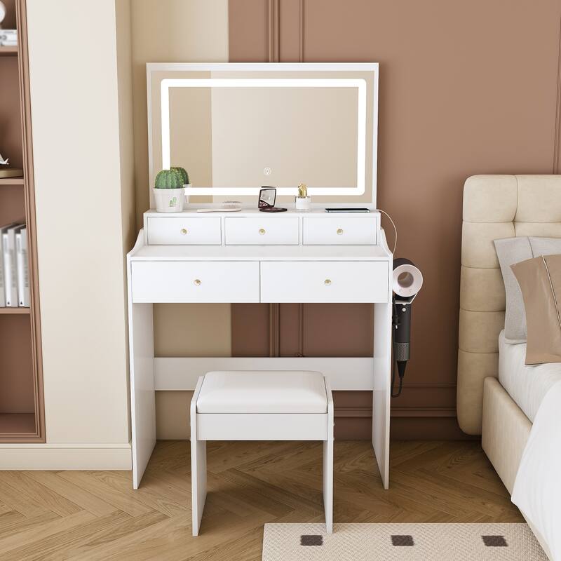 Large Mirror Vanity Desk for Bedroom, Modern Makeup Vanity with Power Outlet and Hair Dryer Holder, Dressing Table & Stool Set