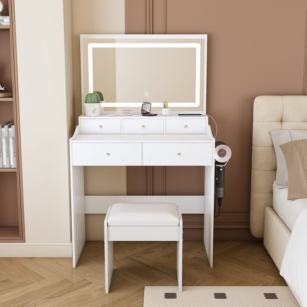 Vanity Desk with Adjustable Lighted Mirror & Power Outlet, Makeup Vanity Set with Hair Dryer Holder & 5 Drawers
