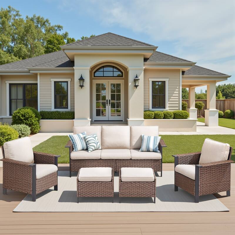 Pocassy Outdoor Wicker 4-Piece Sofa Patio Chair with Ottoman - Brown Wicker Beige Cushion - 4-Piece Sofa Patio Chair with Ottoman