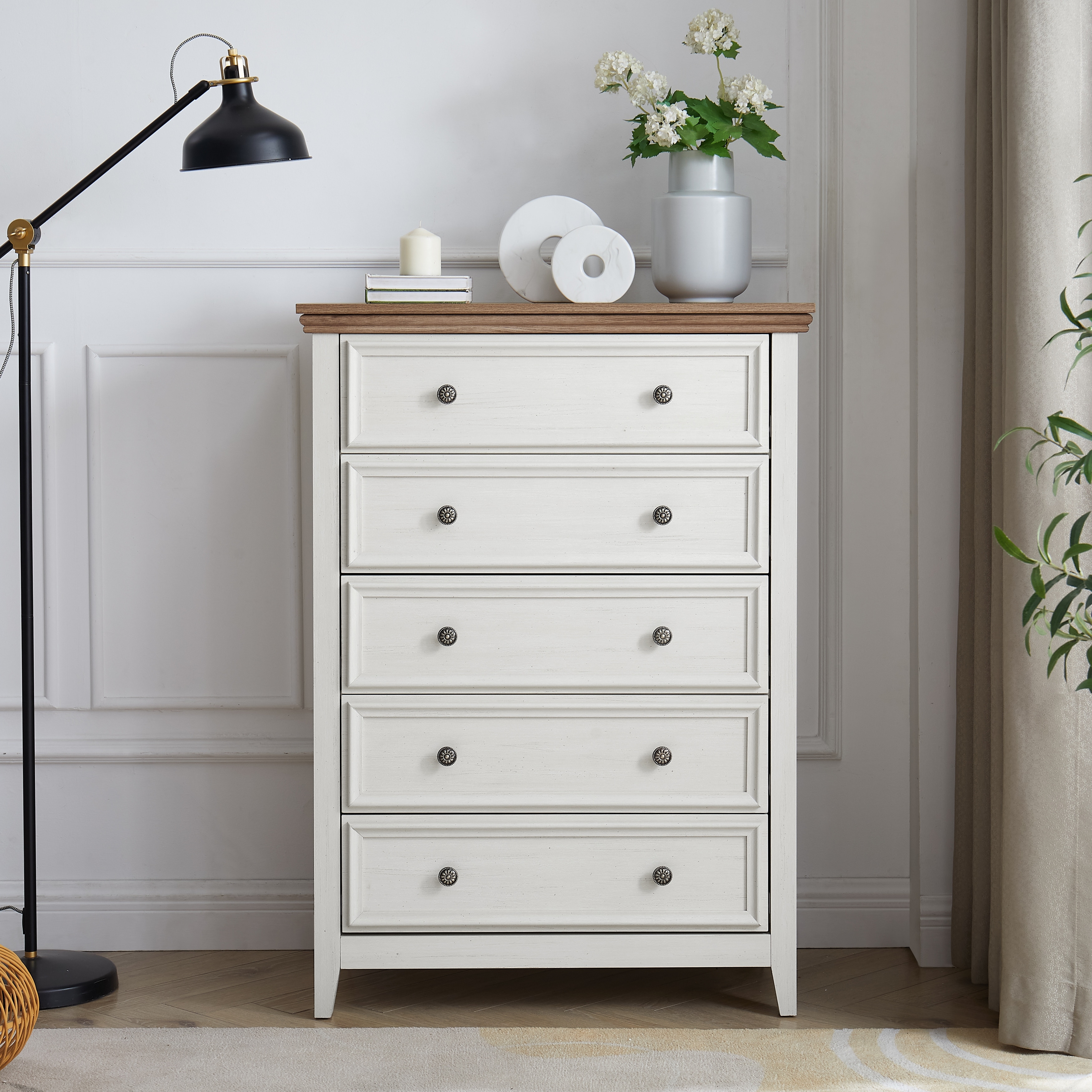 Chair Draw Rails MDF Five Drawer Bedroom Dresser with Metal Handles and Smooth Drawer ...