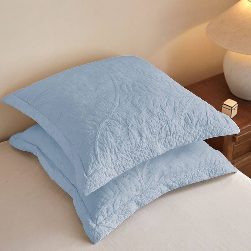 2 Pcs Cotton Embroidered Quilted Euro Shams 26"x26" - Light Blue - Euro Square