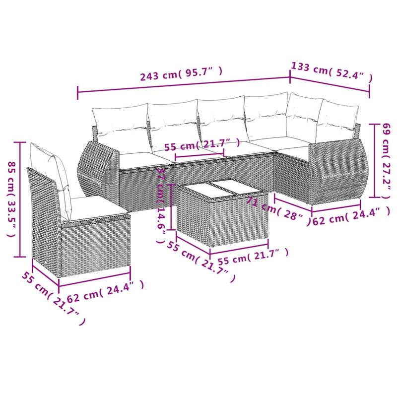 vidaXL 7 Piece Patio Sofa Set with Cushions Gray Poly Rattan - 117.8x27.2x73.7