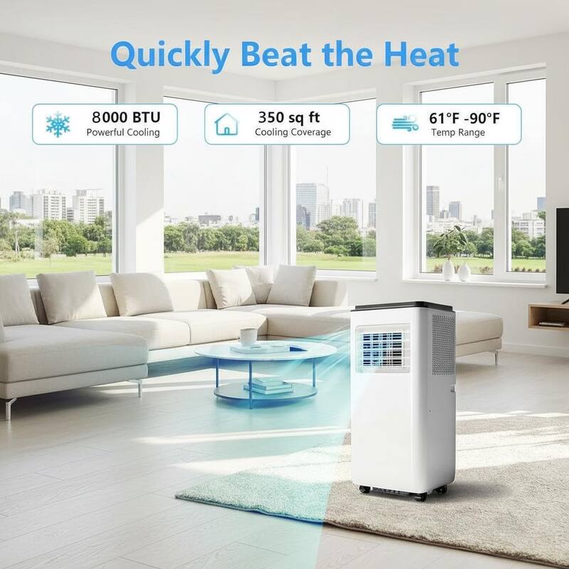 8000 BTU Portable Air Conditioner, Fast Cooling to 350 Sq Ft, with Remote Control