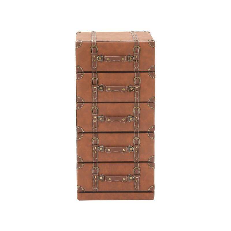 Wooden Faux Leather 5 or 6 Drawers Chest with Buckle and Strap Detailing - Brown - Roche River Decor