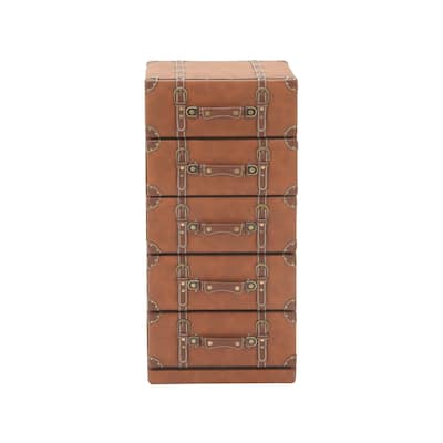 Wooden Faux Leather 5 or 6 Drawers Chest with Buckle and Strap Detailing - Brown - Roche River Decor
