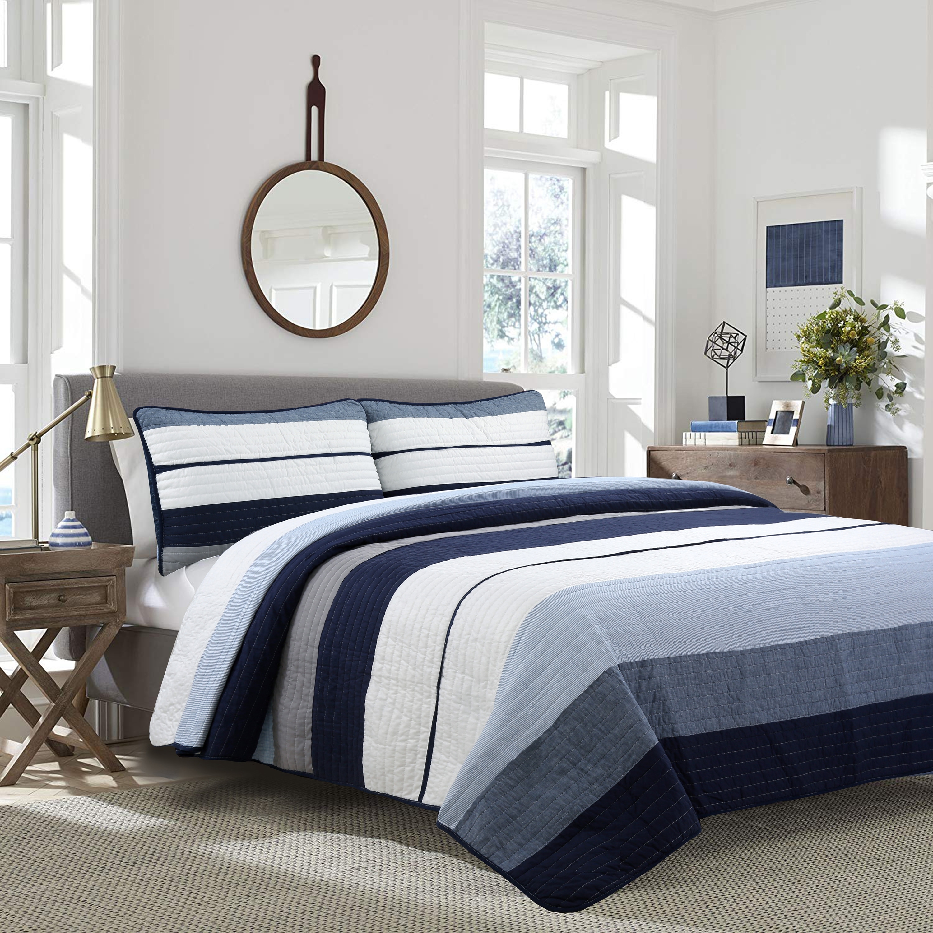 Cozy Line Tranquil Blue Gray Stripes Cotton Quilt Bedding Set