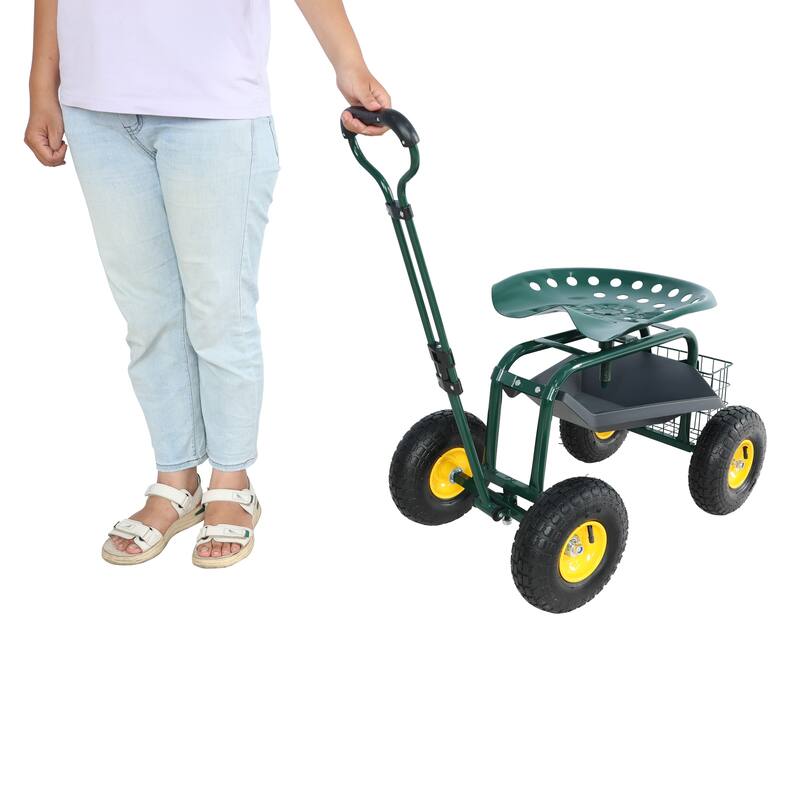 Adjustable Garden Cart with Swivel Seat, Large 10-Inch Wheels, Storage Tray and Basket, Easy Maneuvering - Iron