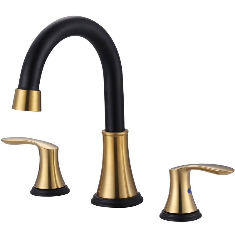 WOWOW 8 in. Widespread Double Handle Bathroom Faucet with Pop Up Drain - Gold and Black